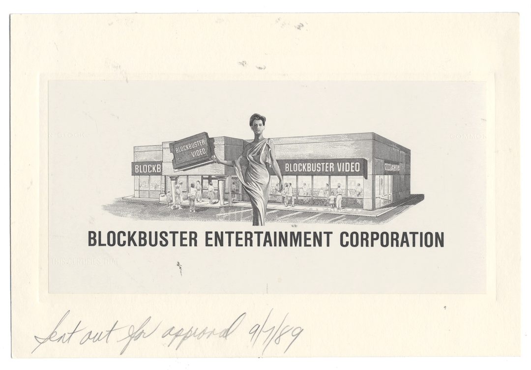 Illustration of a Blockbuster Video store with the company name below on an American Bank Note Company vignette card