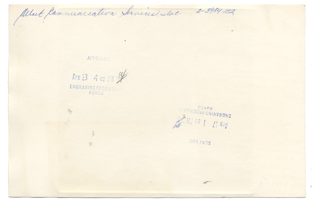 American Bank Note Company Vignette Card (Serial #V 113635)