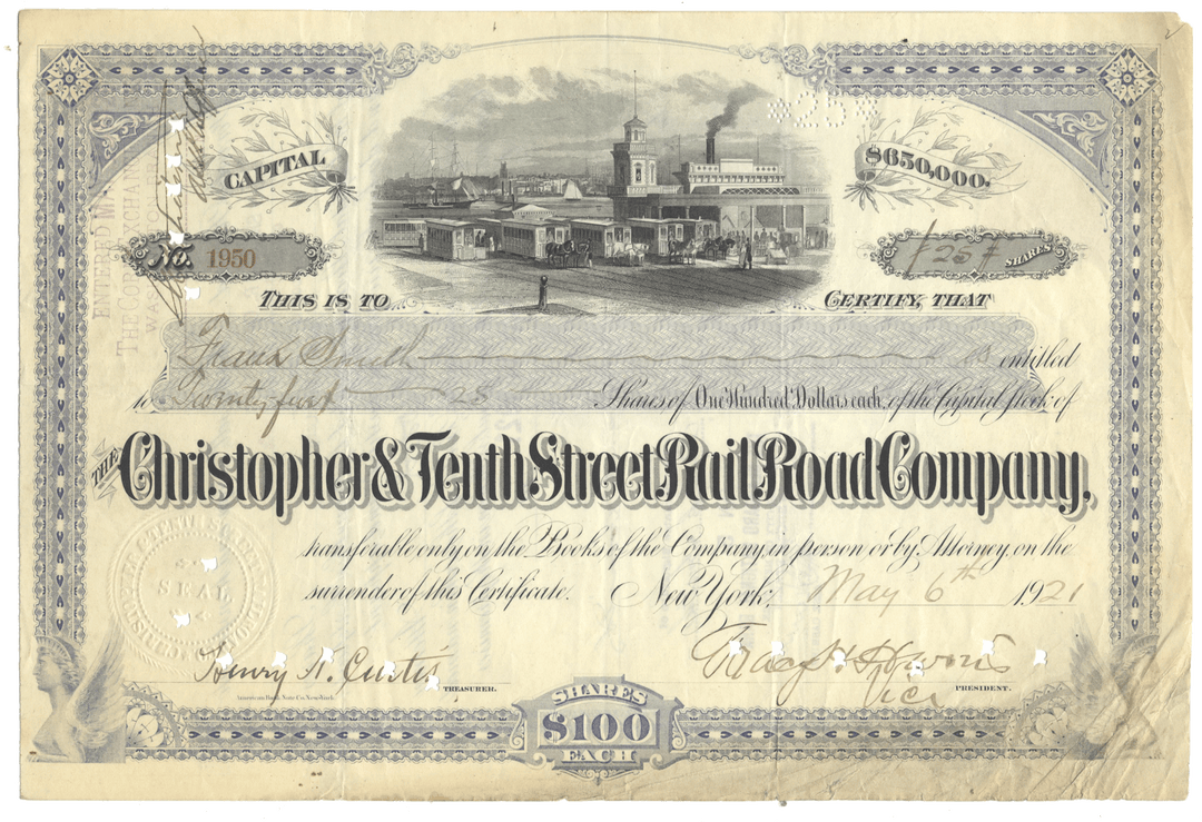 Vintage stock certificate for the Christopher & Tenth Street Rail Road Company, dated 1921