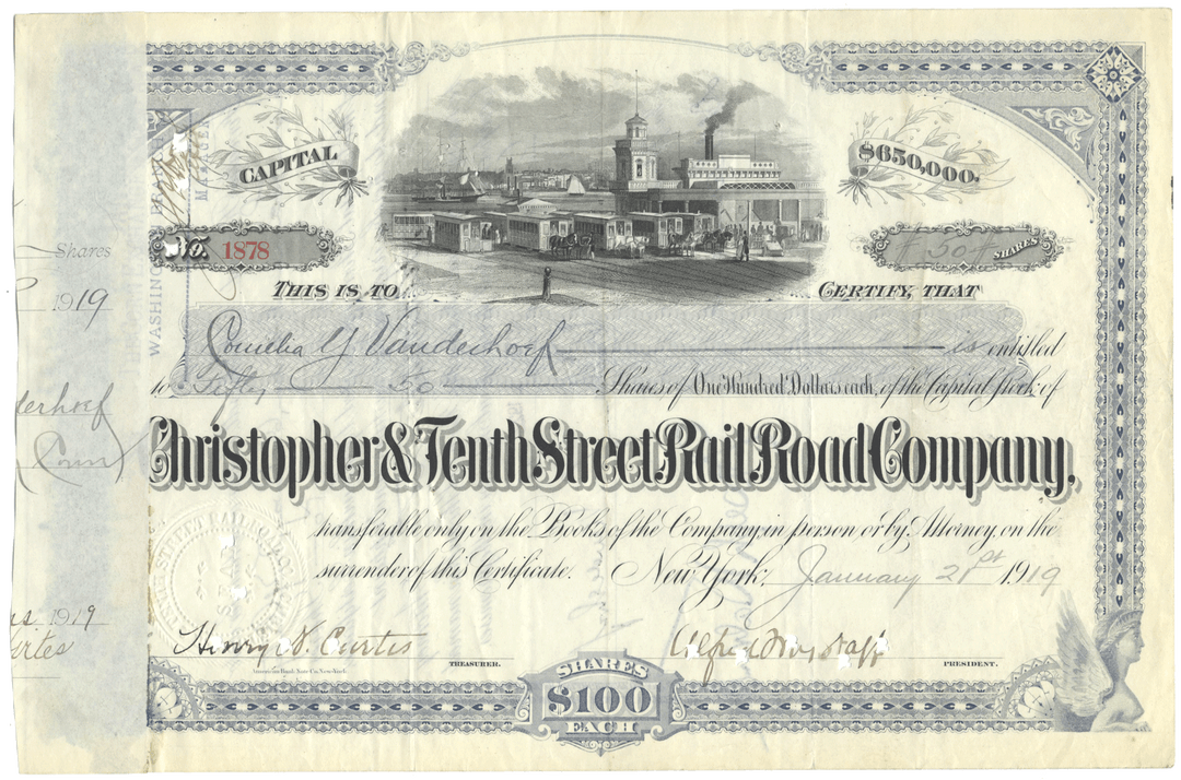 Historical stock certificate for Christopher & Tenth Street Rail Road Company with scenic illustration and text.
