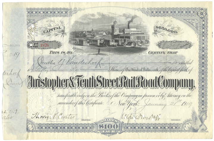 Historical stock certificate for Christopher & Tenth Street Rail Road Company with scenic illustration and text.