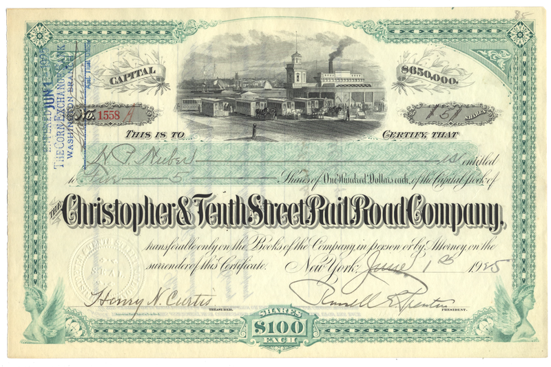 Christopher & Tenth Street Rail Road Company Stock Certificate