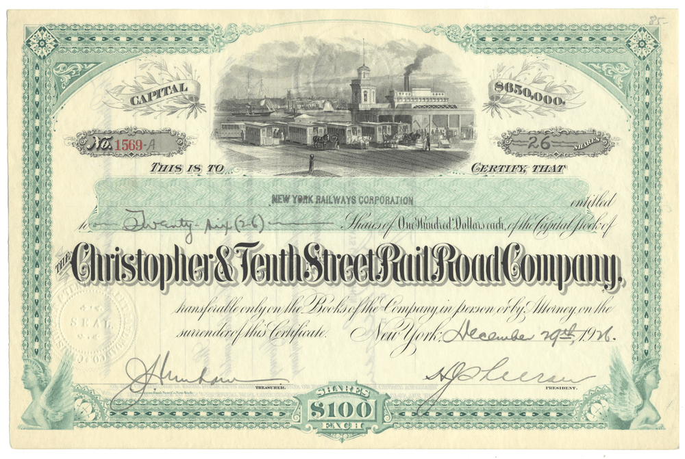 Certificate of the Christopher & Tenth Street Rail Road Company with scenic illustration and text.
