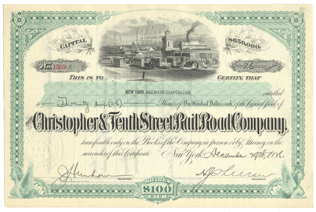 Certificate of the Christopher & Tenth Street Rail Road Company with scenic illustration and text.