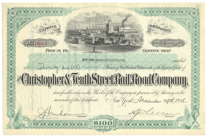 Certificate of the Christopher & Tenth Street Rail Road Company with scenic illustration and text.