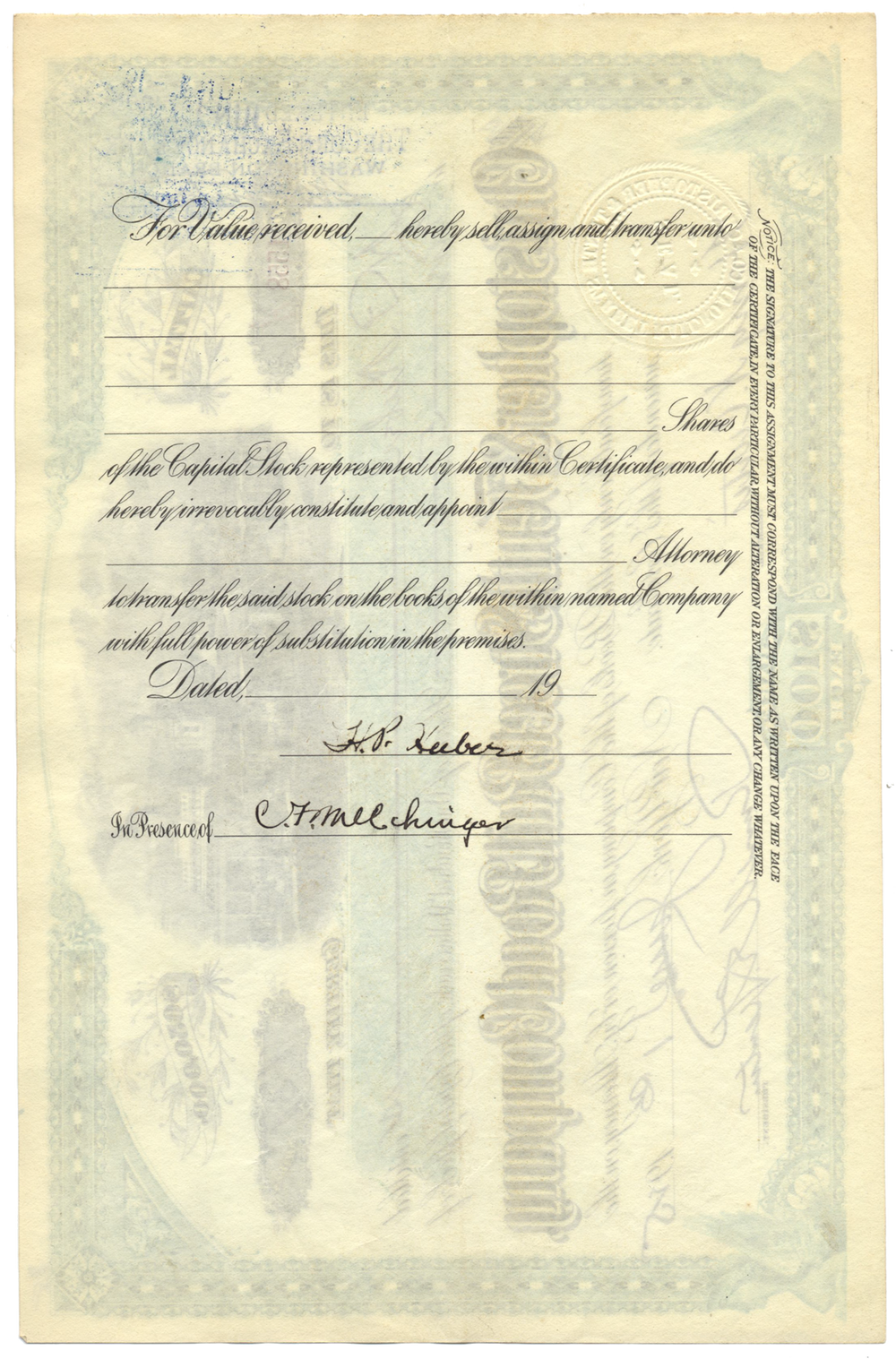 Christopher & Tenth Street Rail Road Company Stock Certificate