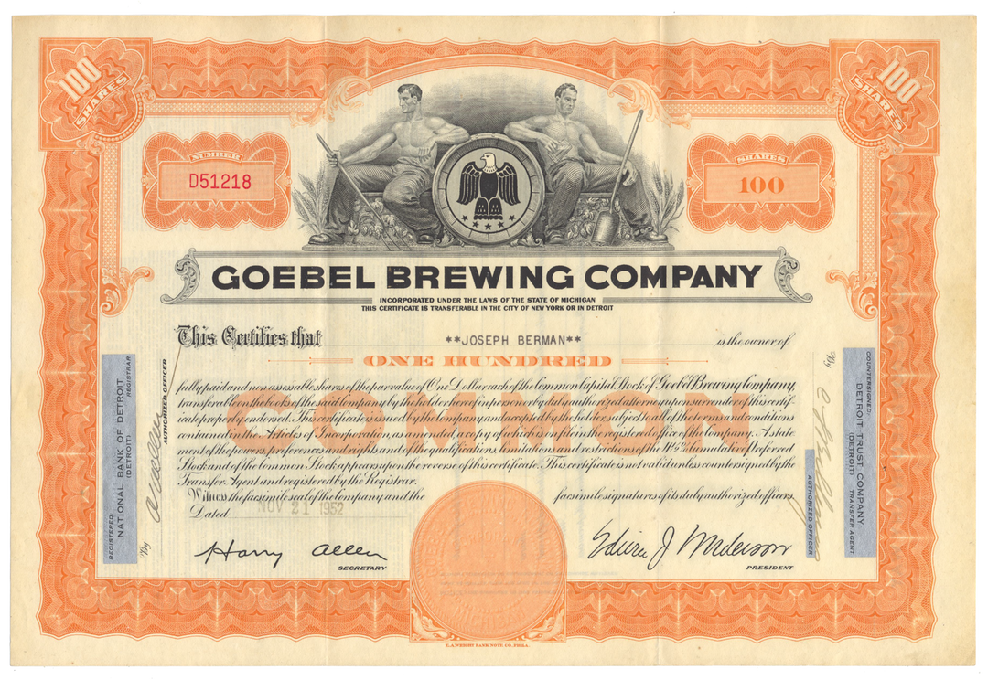 Goebel Brewing Company Stock Certificate