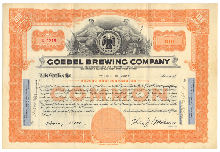 Goebel Brewing Company Stock Certificate