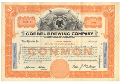 Goebel Brewing Company Stock Certificate
