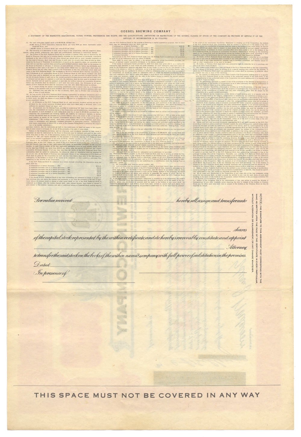 Goebel Brewing Company Stock Certificate