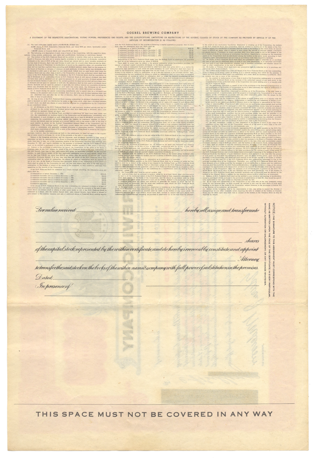 Goebel Brewing Company Stock Certificate