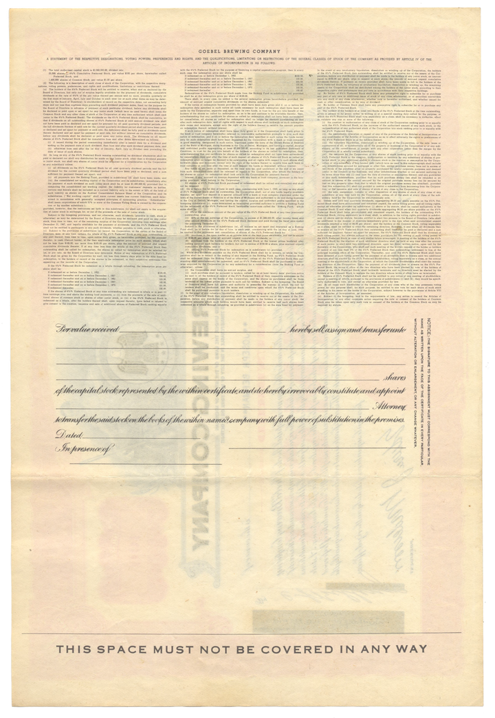 Goebel Brewing Company Stock Certificate