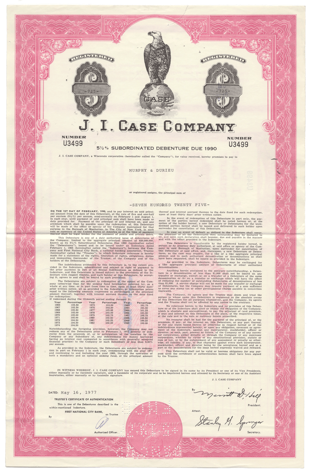 J. I. Case Company bond certificate with an eagle emblem from 1977