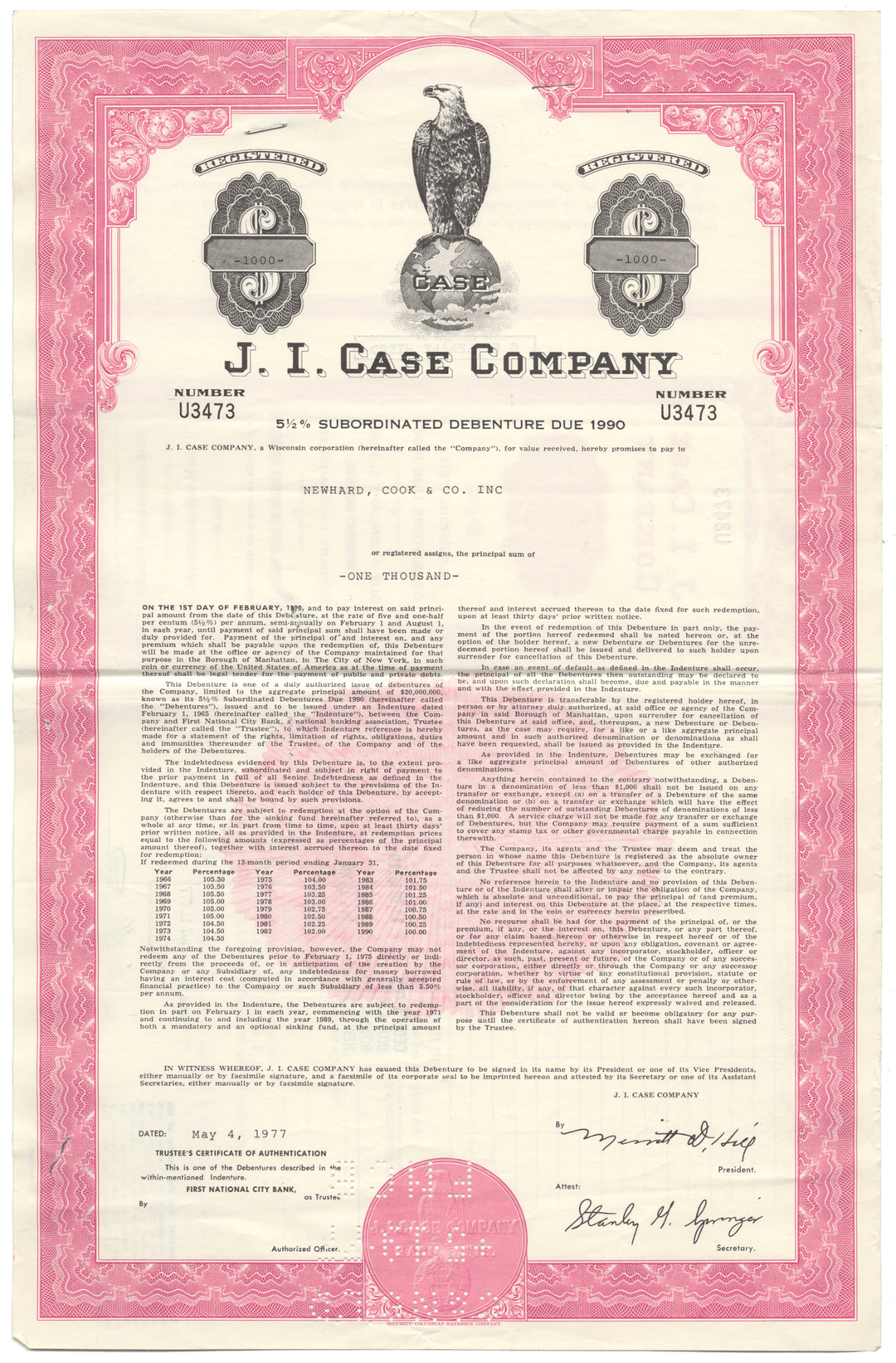 J. I. Case Company Bond Certificate