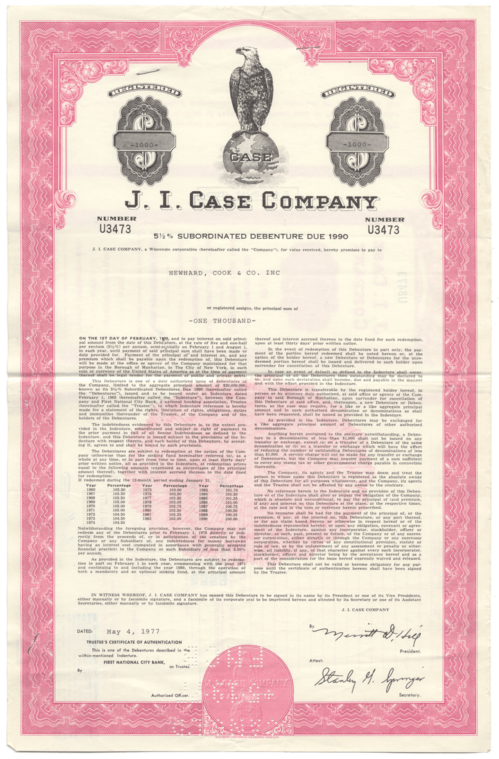 J. I. Case Company Bond Certificate