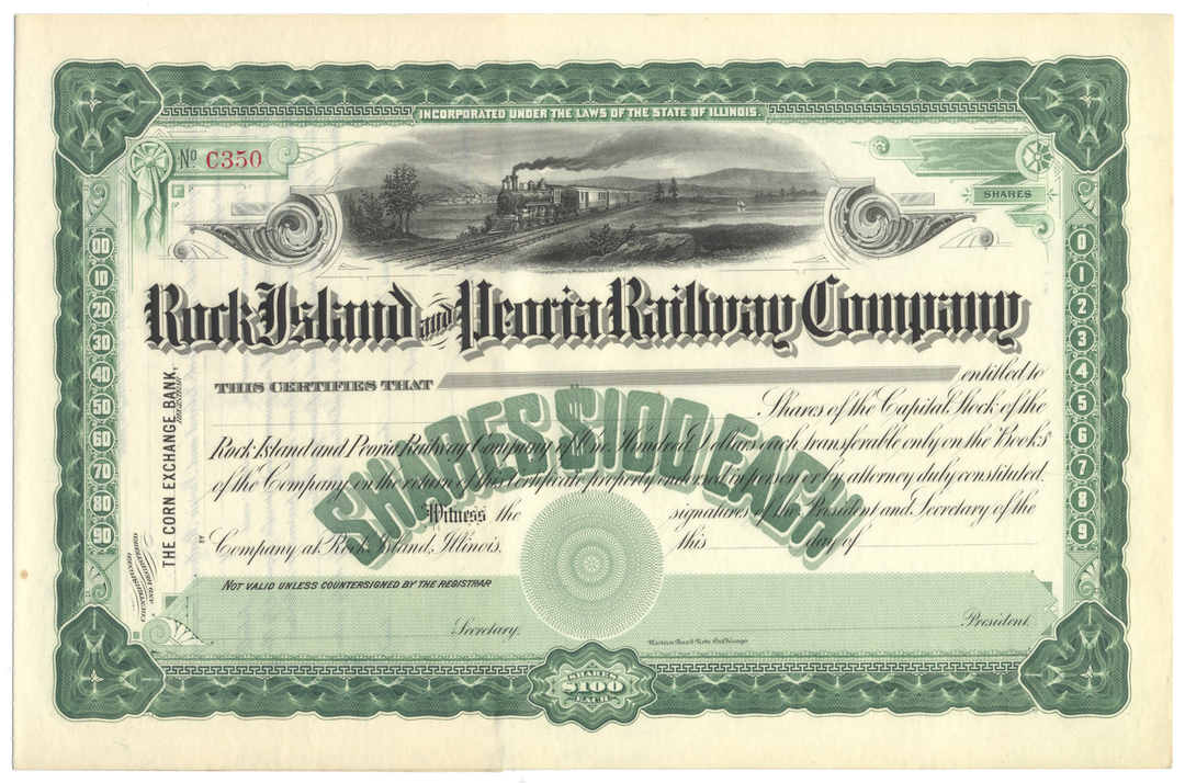 Rock Island and Peoria Railway Company Stock Certificate