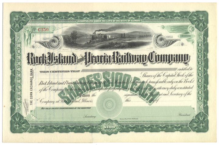 Rock Island and Peoria Railway Company Stock Certificate