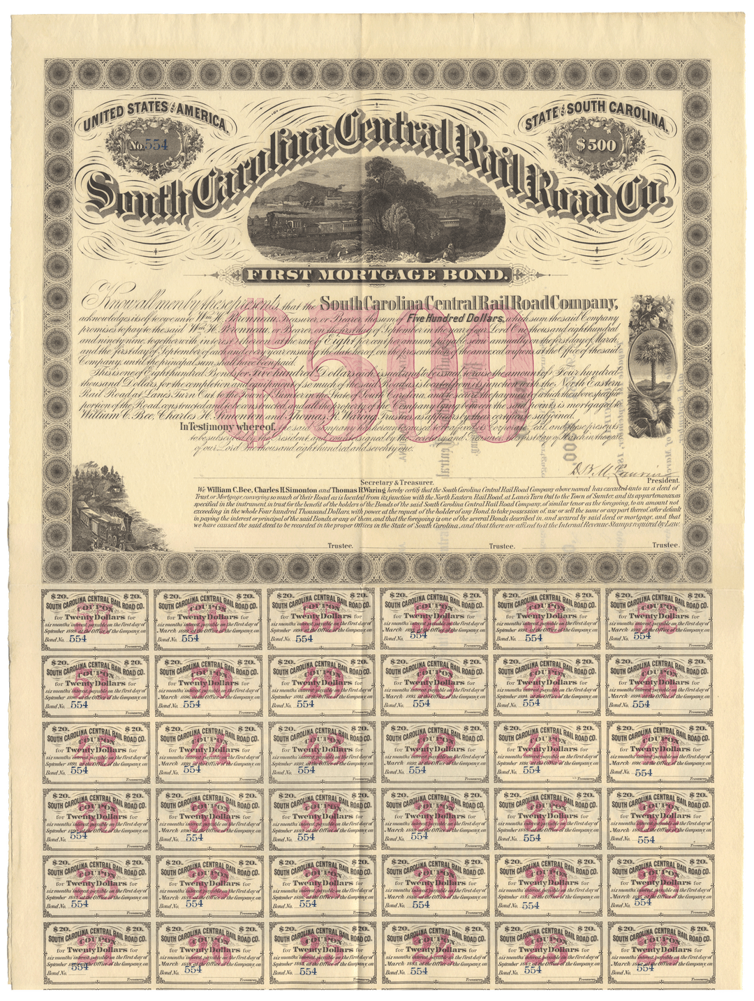 South Carolina Central Railroad Company bond certificate from 1871
