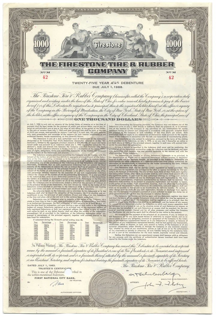 Firestone Tire & Rubber Company Bond Certificate