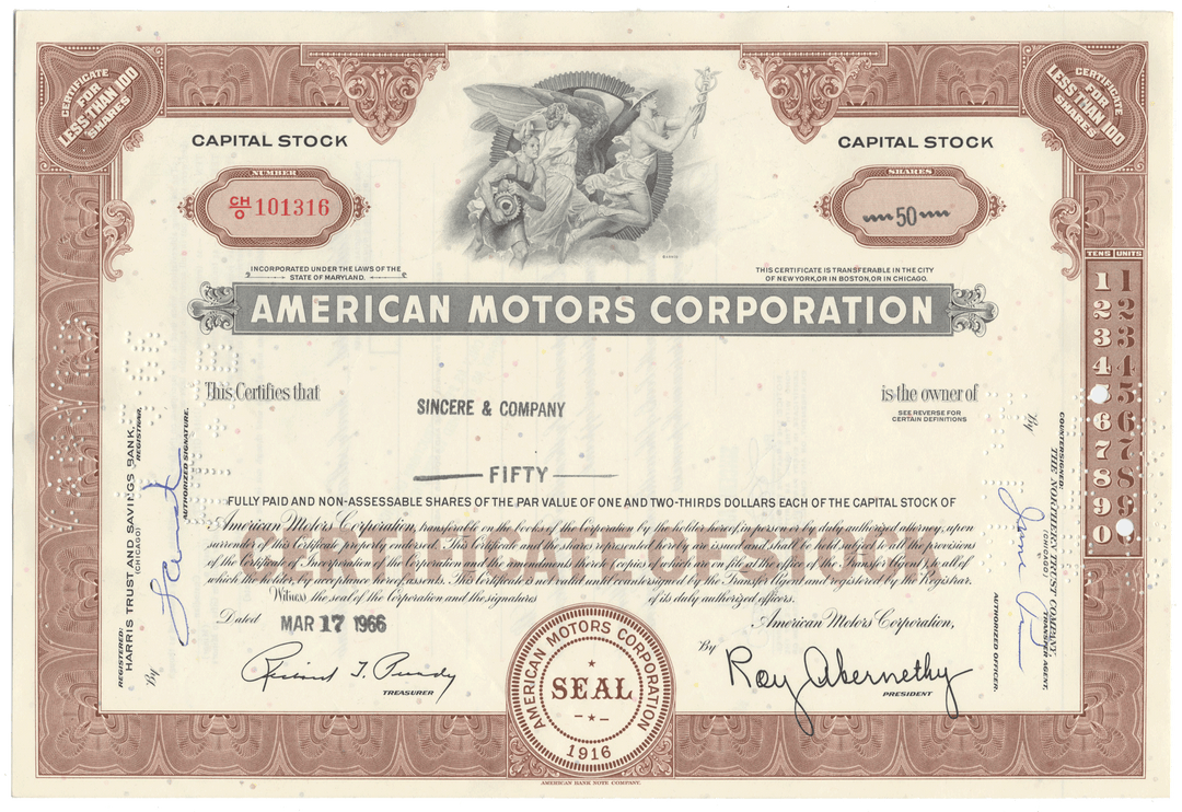 American Motors Corporation stock certificate with decorative elements.