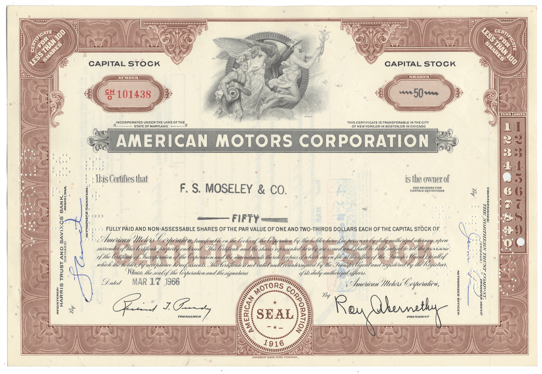 Vintage American Motors Corporation stock certificate with decorative elements