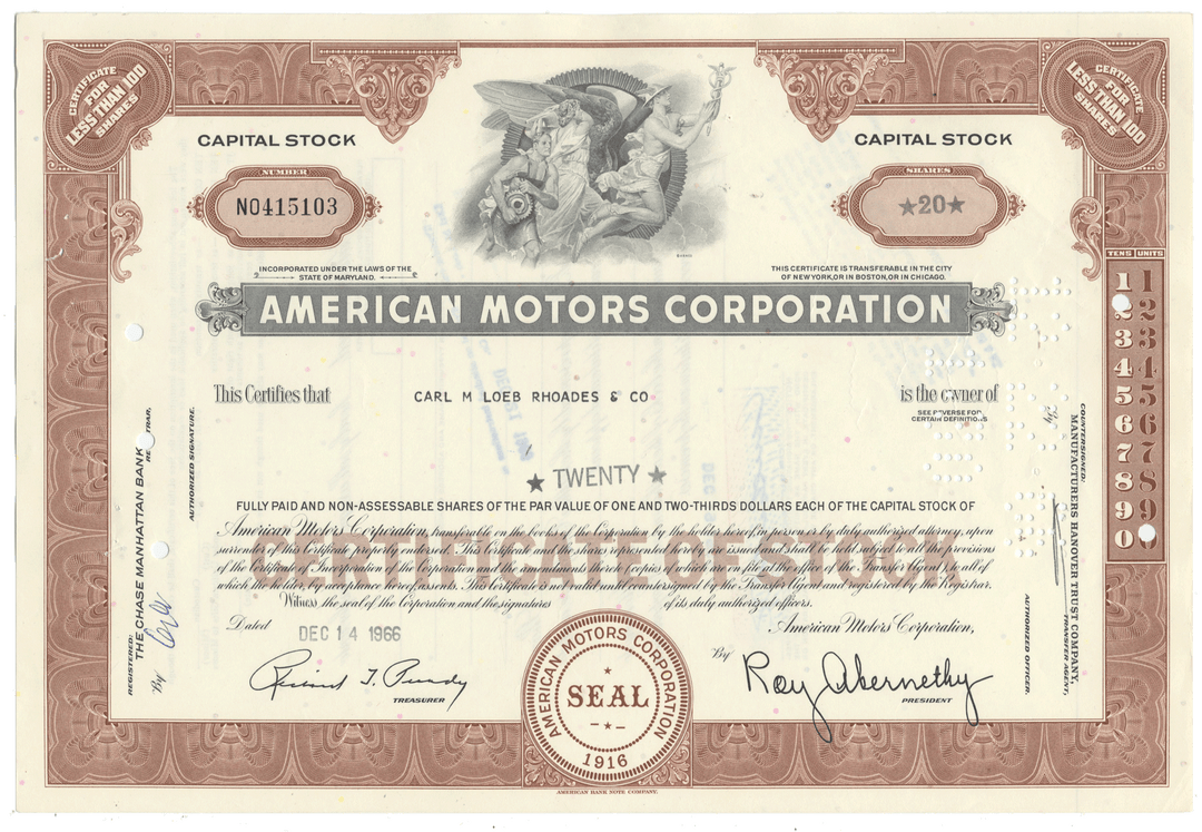 Vintage American Motors Corporation stock certificate with decorative elements dating back to 1966
