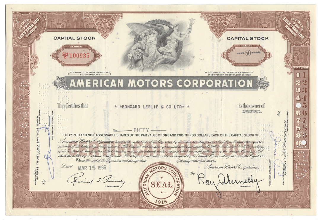 American Motors Corporation stock certificate from 1966 with decorative elements and text.