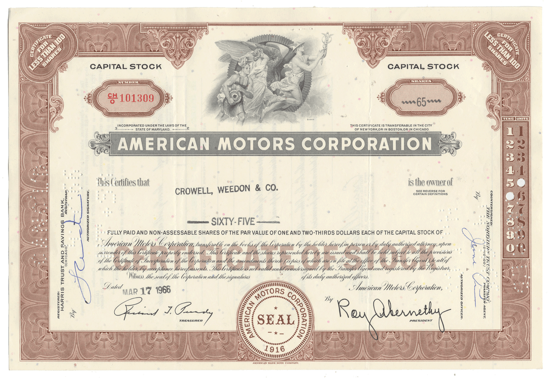 American Motors Corporation stock certificate from 1966