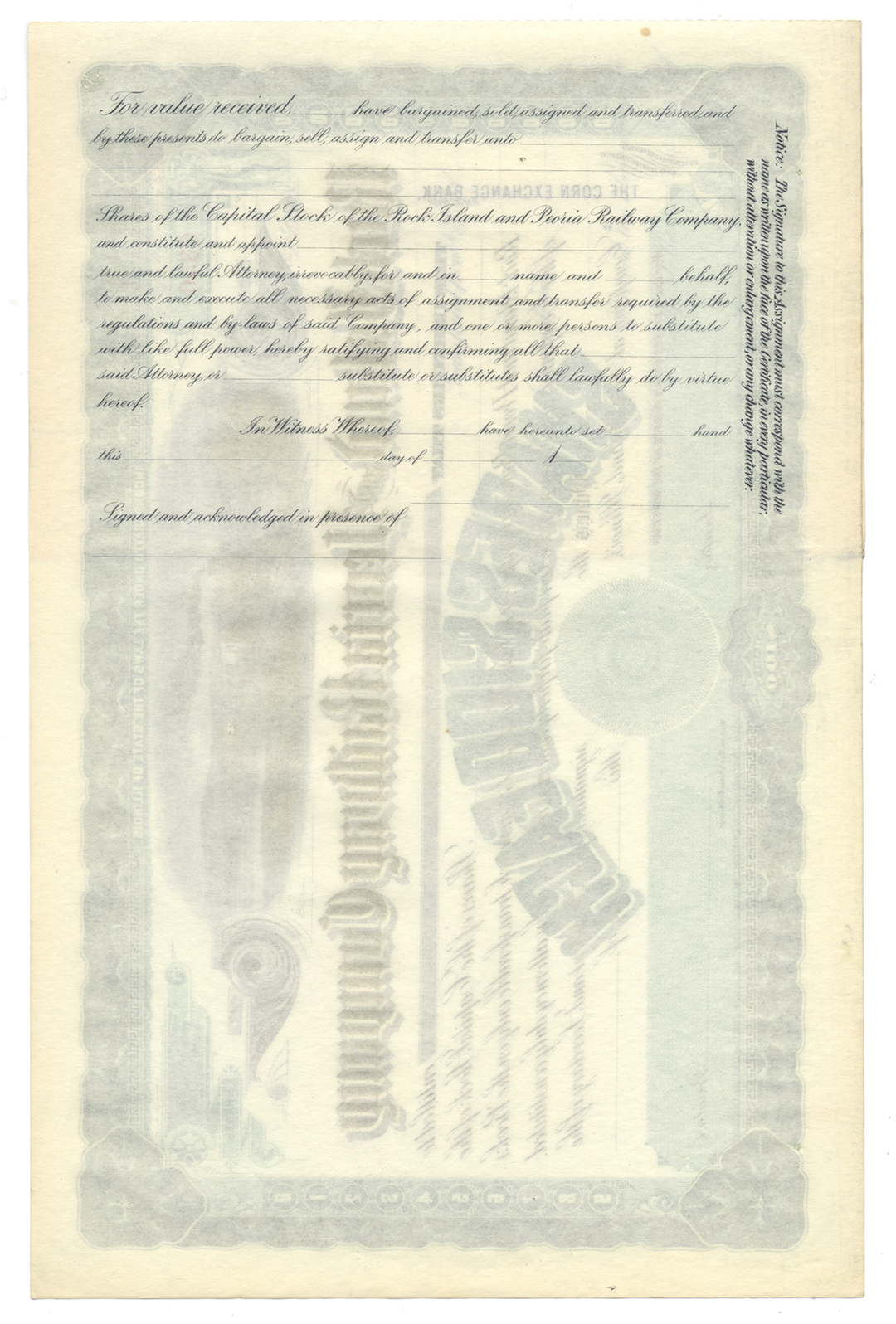 Rock Island and Peoria Railway Company Stock Certificate