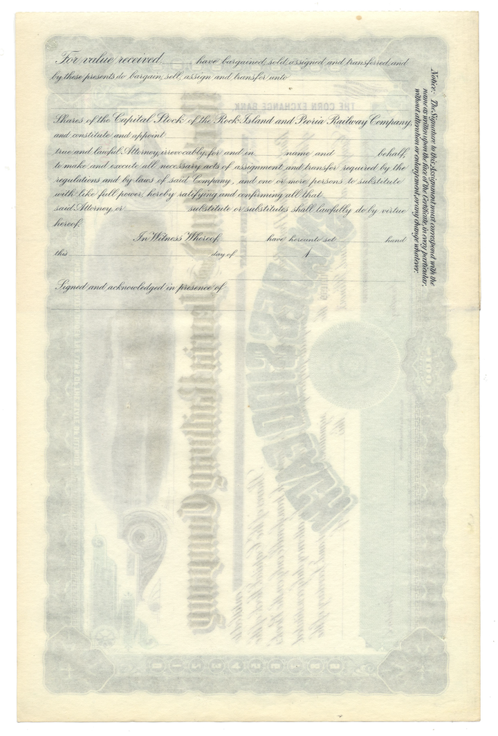 Rock Island and Peoria Railway Company Stock Certificate