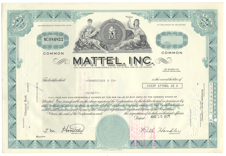 Mattel, Inc. Stock Certificate