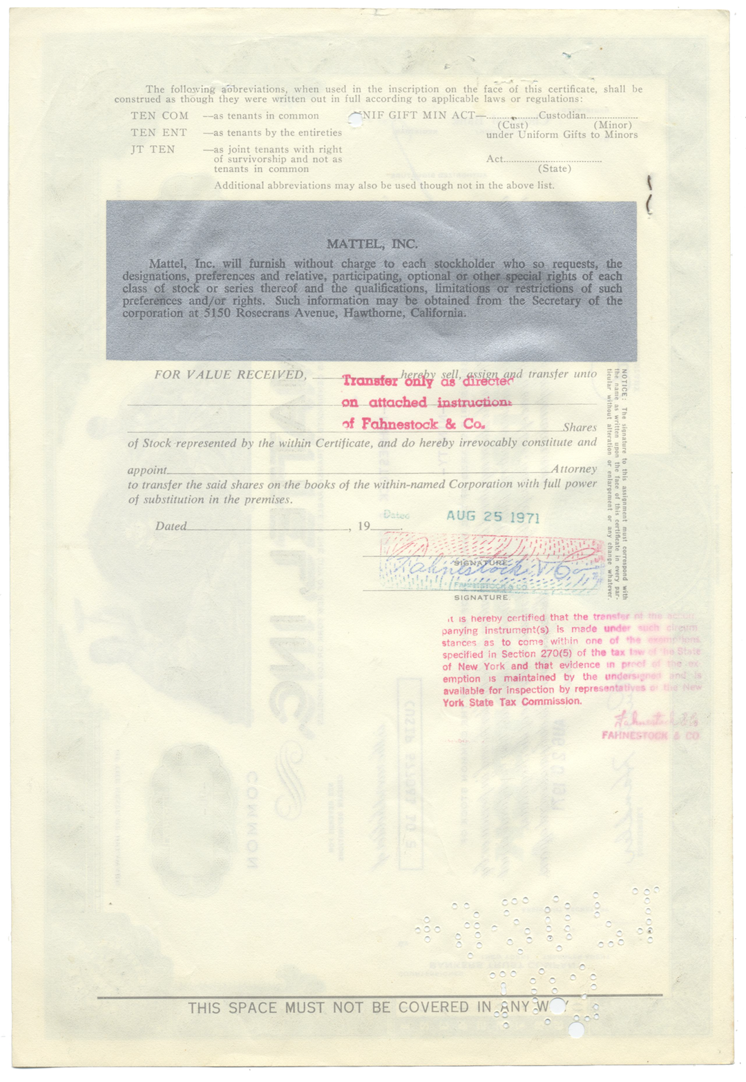 Mattel, Inc. Stock Certificate