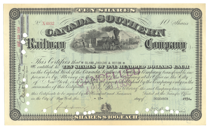 Share certificate of the Canada Southern Railway Company with a green background