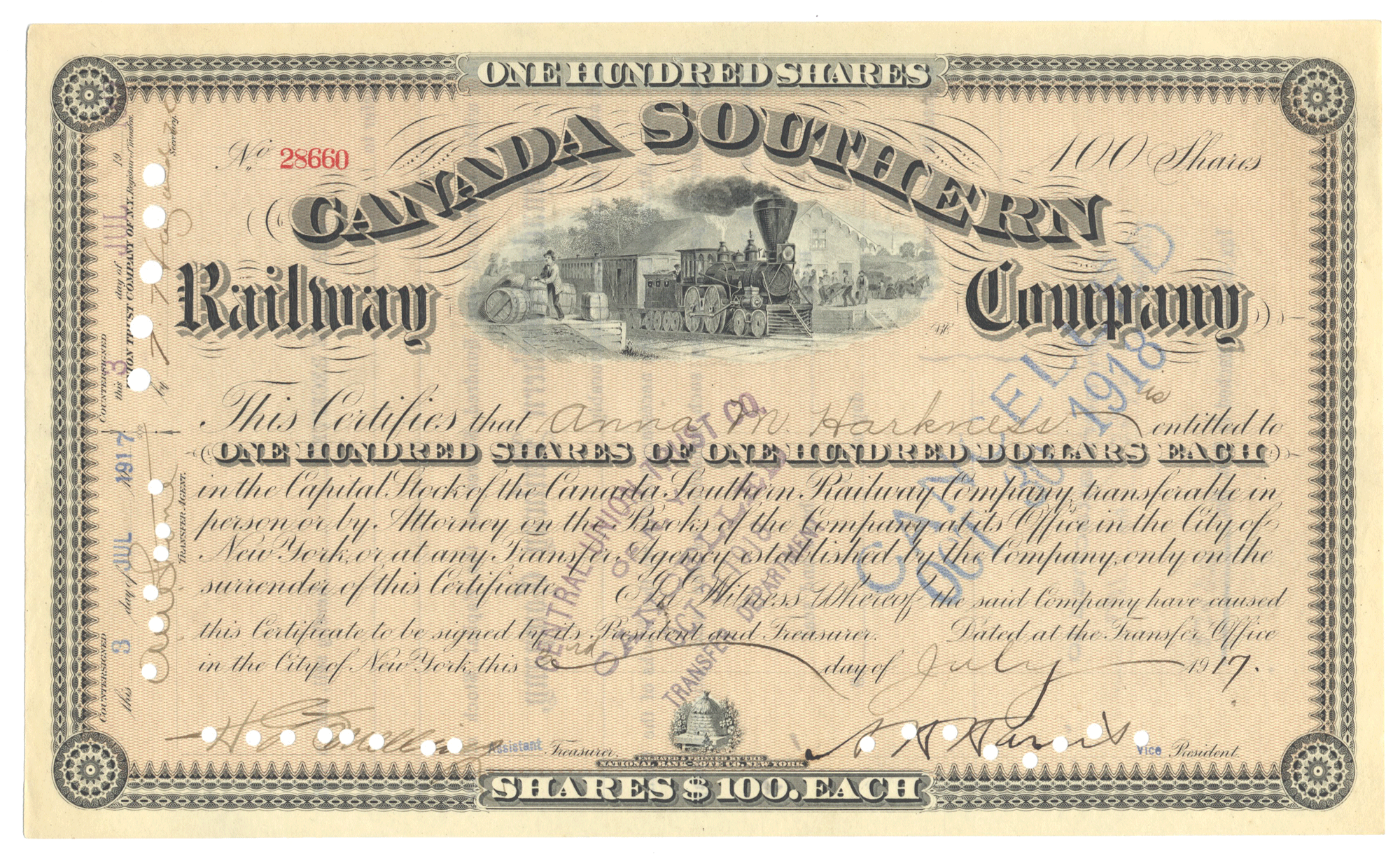 Vintage stock certificate for the Canada Southern Railway Company with a steam locomotive illustration.