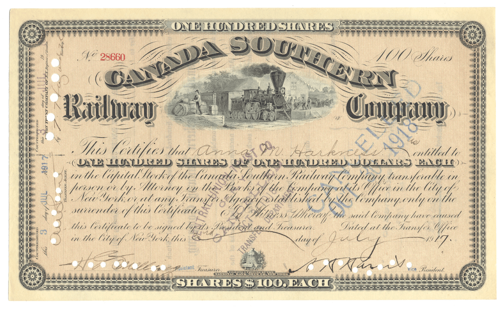 Vintage stock certificate for the Canada Southern Railway Company with a steam locomotive illustration.