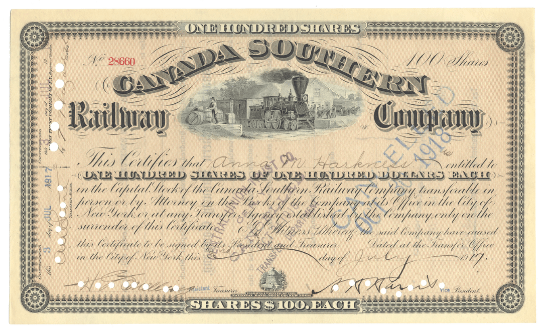 Vintage stock certificate for the Canada Southern Railway Company with a steam locomotive illustration.