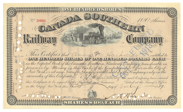 Vintage stock certificate for the Canada Southern Railway Company with a steam locomotive illustration.