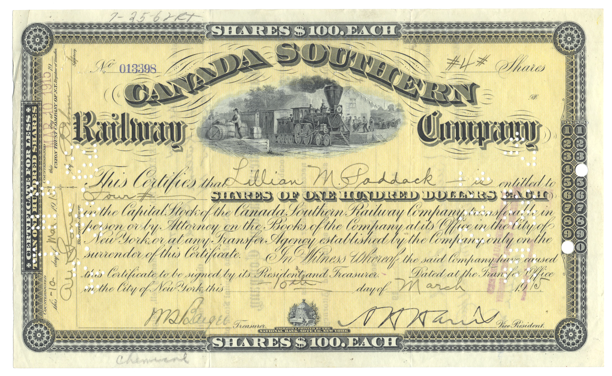 Share certificate of the Canada Southern Railway Company with text and a train illustration.