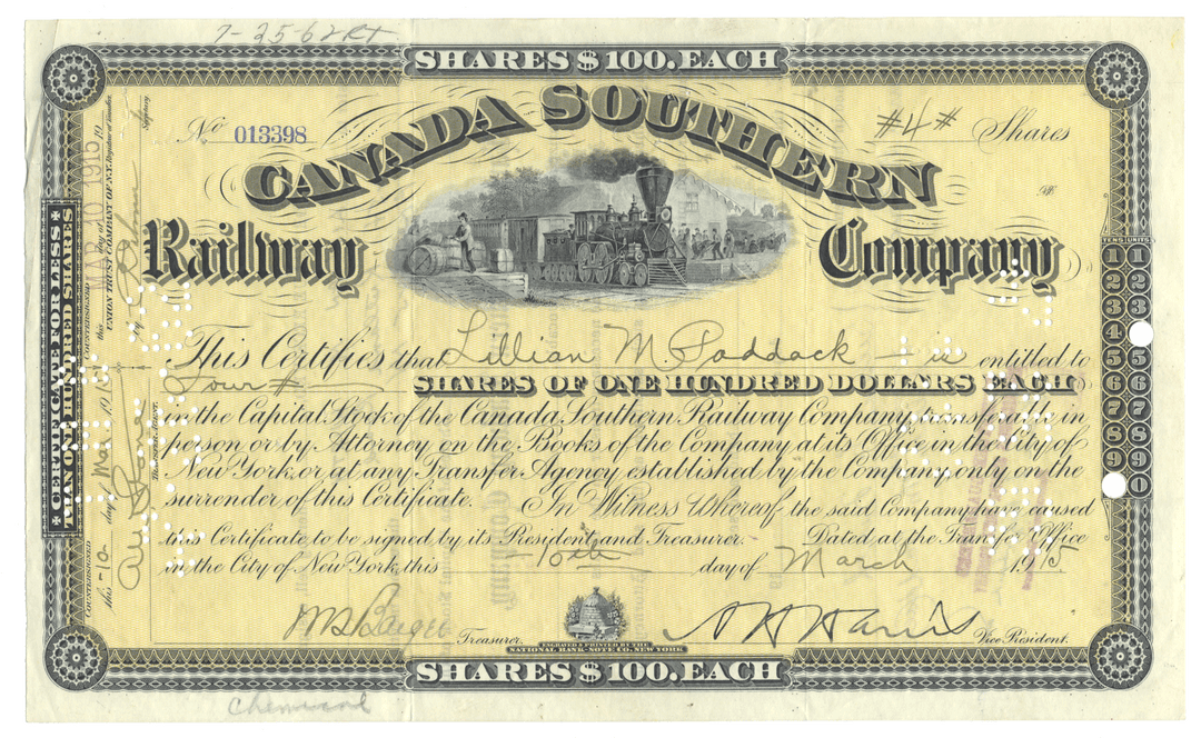 Share certificate of the Canada Southern Railway Company with text and a train illustration.