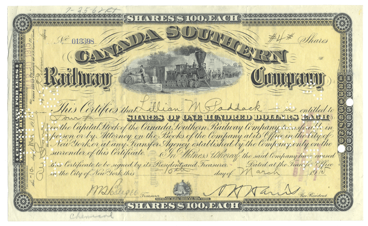 Share certificate of the Canada Southern Railway Company with text and a train illustration.