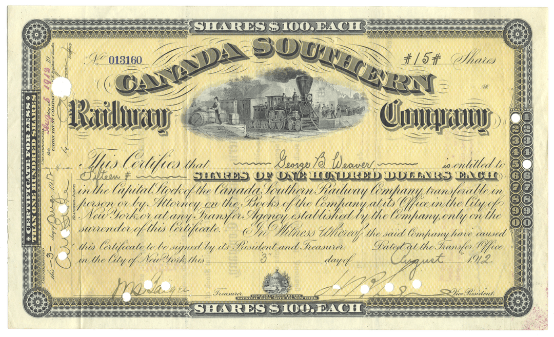 Vintage stock certificate of the Canada Southern Railway Company with a steam locomotive illustration from 1912