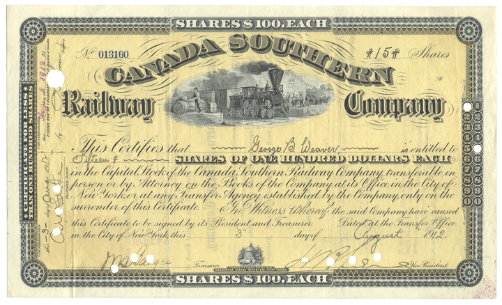 Vintage stock certificate of the Canada Southern Railway Company with a steam locomotive illustration from 1912
