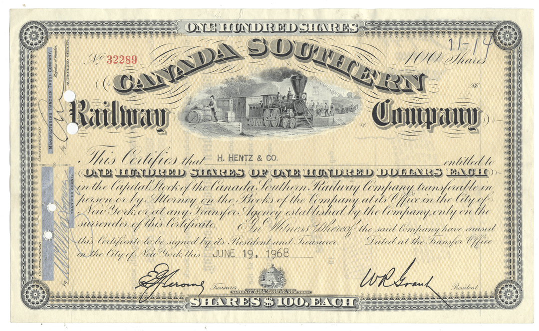 Vintage stock certificate of the Canada Southern Railway Company with a train illustration.