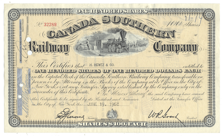 Vintage stock certificate of the Canada Southern Railway Company with a train illustration.