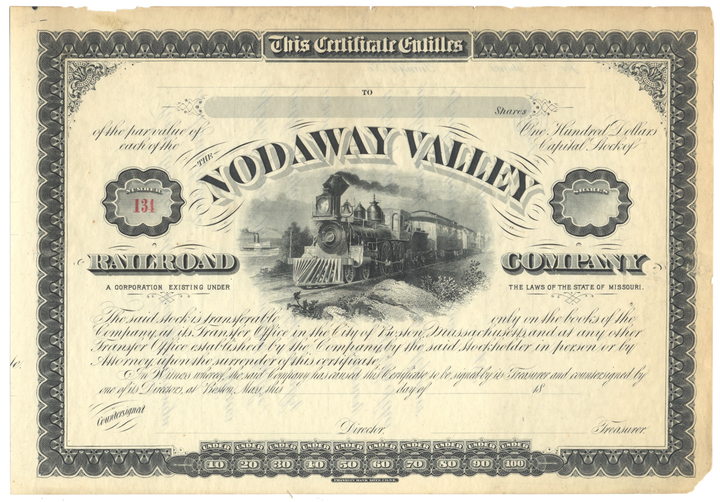 Nodaway Valley Railroad Company Stock Certificate