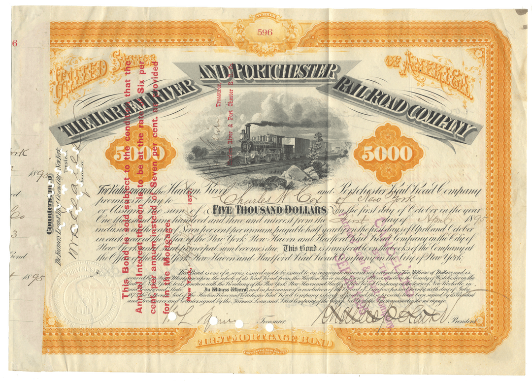 Vintage stock certificate from the Halrem River and Portchester Rail Road Company with train illustration from 1895