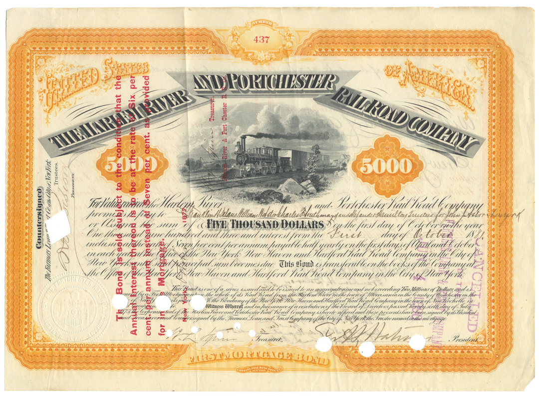 Harlem River and Portchester Railroad Company Bond Certificate Signed by William W. Astor and Franklin H. Delano