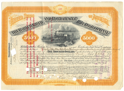 Harlem River and Portchester Railroad Company Bond Certificate Signed by William W. Astor and Franklin H. Delano