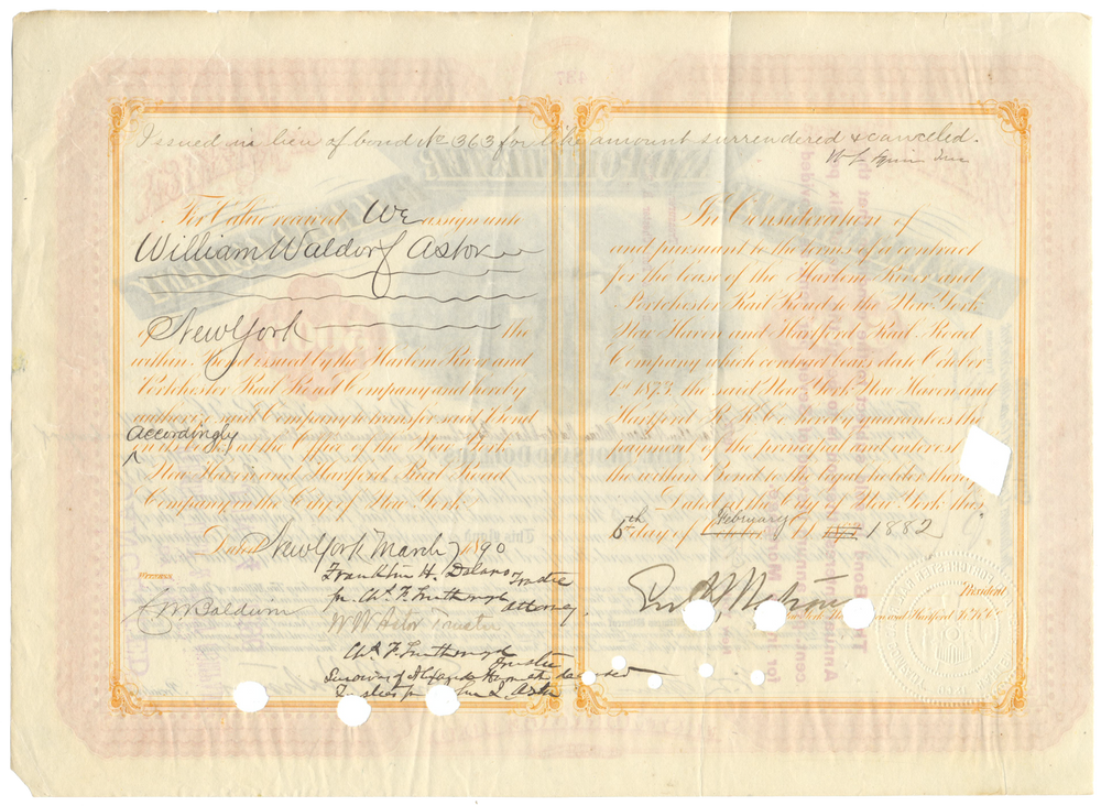 Harlem River and Portchester Railroad Company Bond Certificate Signed by William W. Astor and Franklin H. Delano