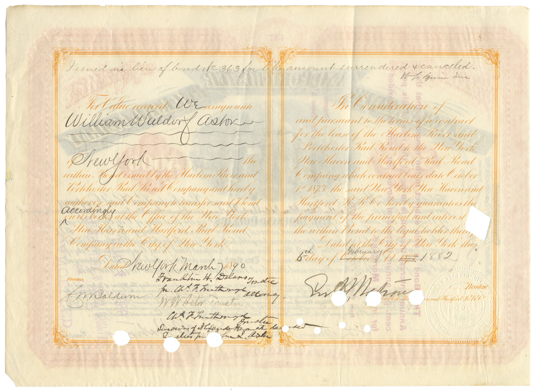 Harlem River and Portchester Railroad Company Bond Certificate Signed by William W. Astor and Franklin H. Delano